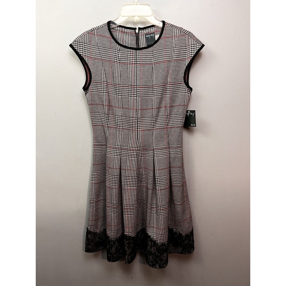 Gabby Skye Dress Womens 4 Black White Red Plaid Fit Flare Lace Hem Sleeveless